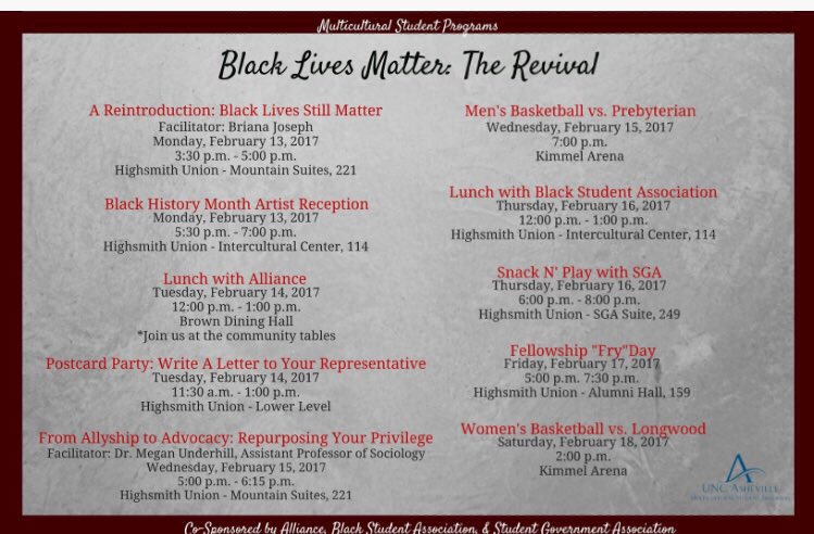 BLMUNCAVL17's tweet photo. The week is finally here! Come out at 3:30 to Highsmith 221 for A Reintroduction: Black Lives Still Matter https://t.co/UxVTQa7zlX