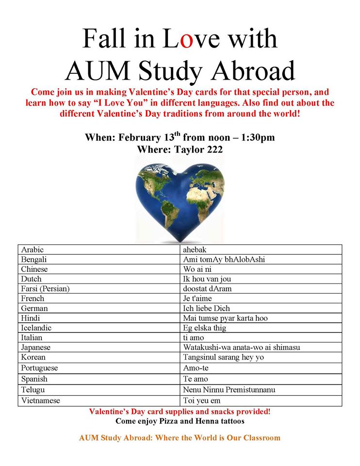 Need a last minute valentine for that special someone? Join <a href="/AUMStudyAbroad/">AUM Study Abroad</a> today from 12 - 1:30 in TC 222 to make a card! Pizza provided.