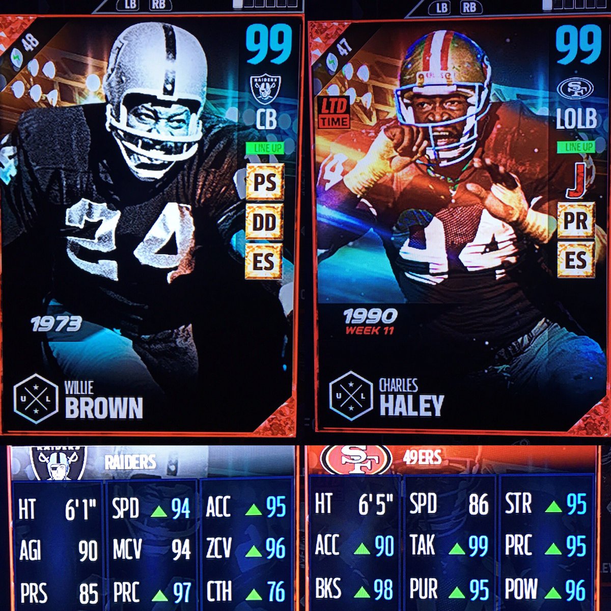 realbwilson_'s tweet photo. Trying to build the Ultimate Defense 

These dudes should help!!🙌🙌🙌

99 Willie Brown 

99 Charles Haley 

#UltimateLegend #MutWeekend https://t.co/2r2HmZNsQS