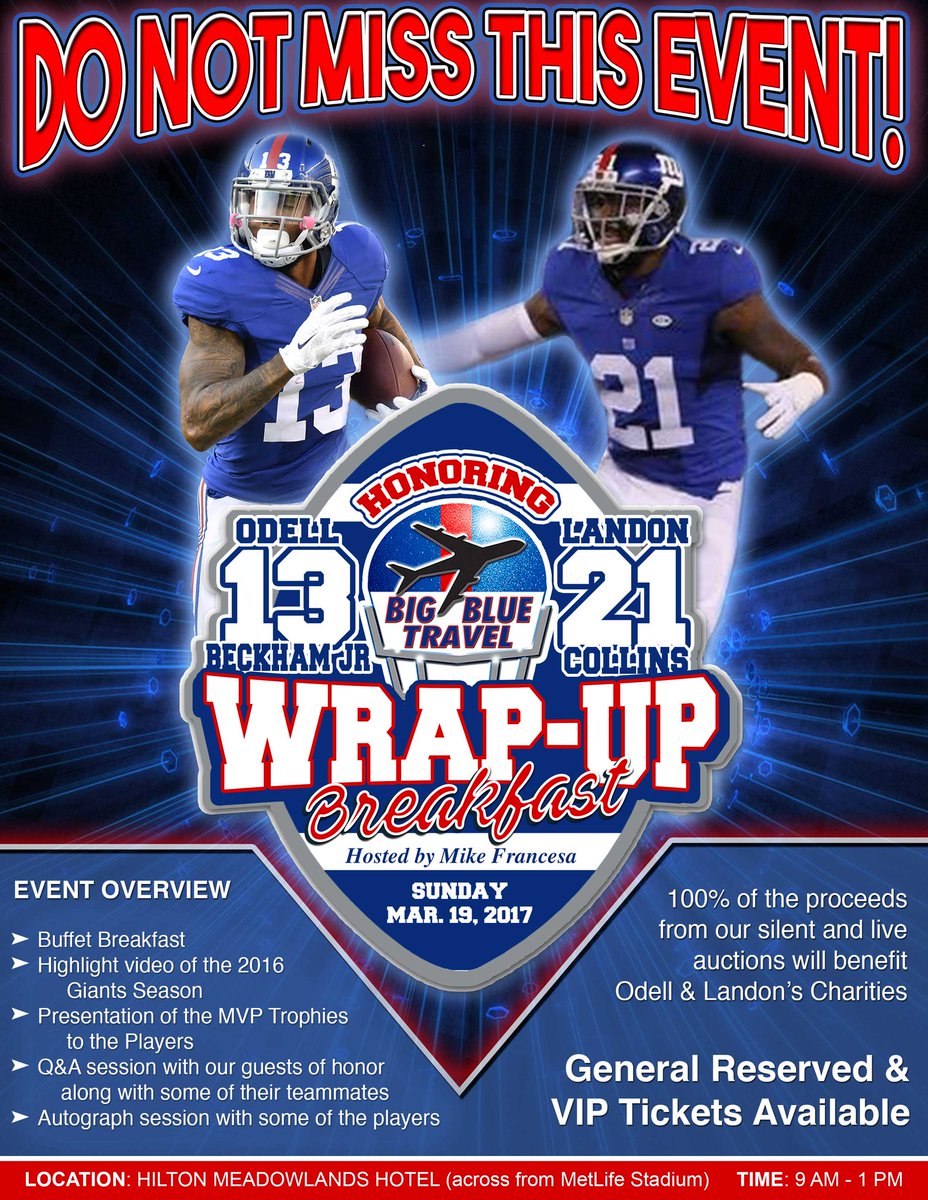 Giants's tweet photo. Get your tickets to the @BigBlueTravel Wrap Up breakfast featuring @OBJ_3 and @TheHumble_21!

DETAILS: https://t.co/keAUa2h5Vr https://t.co/DTkCQKTfl0
