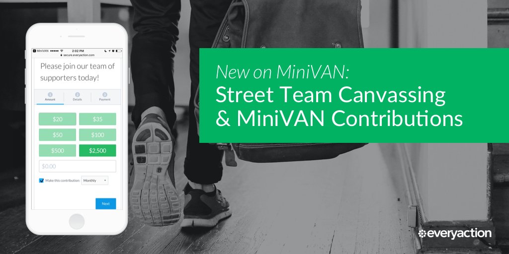 EveryActionHQ's tweet photo. Collect data + raise money at events or on the street with new Street Team Canvassing on MiniVAN! 👫📲 Learn more: https://t.co/PJmafUVwwI https://t.co/kxLJ2McYpF