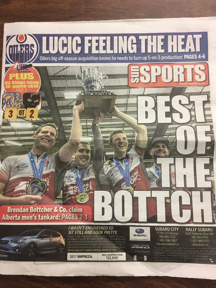 KarrickMartin's tweet photo. It wasn't a Dream! Woke up to a Purple Heart and Team Bottcher on the Front Page Sports! #Brier2017 #firstpurpleheart #curlinglife https://t.co/PwUt7a3c8L
