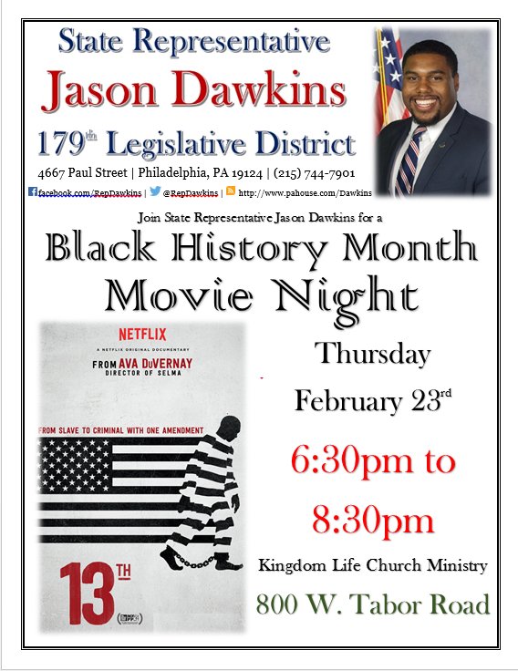 JasonTDawkins's tweet photo. Come to Kingdom Life Church Ministry on the 23rd for our Black History Month movie night! Food and drink will be served! #Olney #RepDawkins https://t.co/7YwVv3g3dF