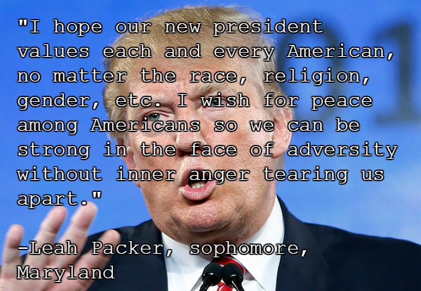 FreshInkTeens's tweet image. We asked U.S. high schoolers to give us their hopes fears and dreams about @POTUS @realDonaldTrump. Here&apos;s what they said... #TrumpProject