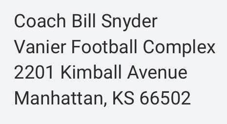 brianjwenger's tweet photo. Here's Bill Snyder's mailing address. Let's make this a thing for the biggest class act out there. #CardsforCoachSnyder #BillSnyder https://t.co/XMsIdylolu