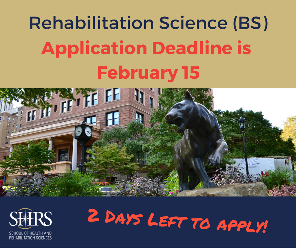 PittSHRS's tweet photo. Prospective Students: There are two days left to apply to our Undergraduate Rehab Science Program! #PittSHRS #PittFits #H2P https://t.co/7hMo7J77Wl