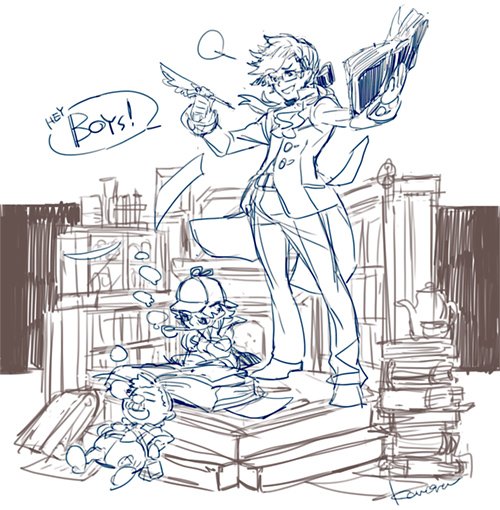 ヴィネット風とデフォルメが描きたくても一回ドイルさんとホームズくんにでしゃばってもらったラフ～ 息抜きにのんびり描こうかなあ 