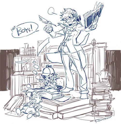 ヴィネット風とデフォルメが描きたくても一回ドイルさんとホームズくんにでしゃばってもらったラフ～ 息抜きにのんびり描こうかなあ 