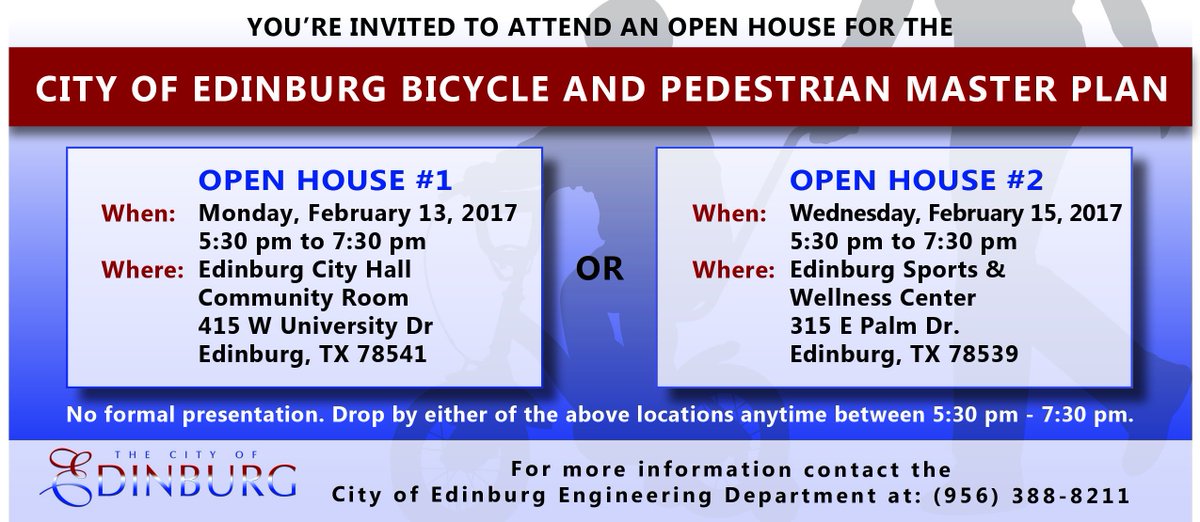Today is the first open house for the City's Bicycle and Pedestrian Master Plan. Stop by the City Hall Community Room between 5:30-7:30 p.m.
