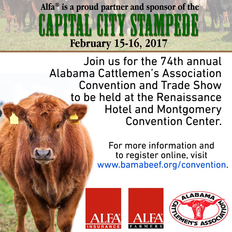 Alfa_Insurance's tweet photo. The 2017 ACA Convention & Trade Show starts this Wednesday. #bamabeefmeet #alfainsurance #proudsponsors of @ALCattlemen https://t.co/1HCqW9Wd2S