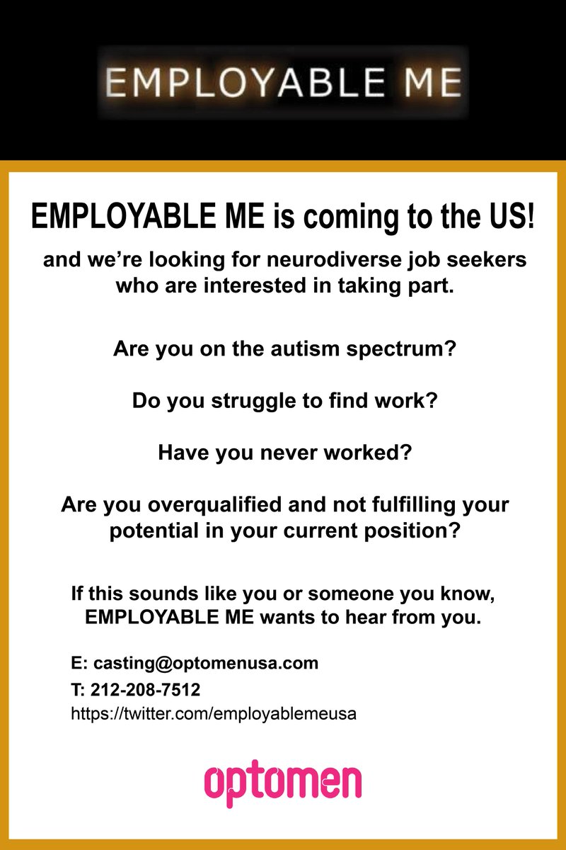@neurocouture Employable Me is looking for people to take part in our US series. Pls pass/RT if you know anyone who might be interested!