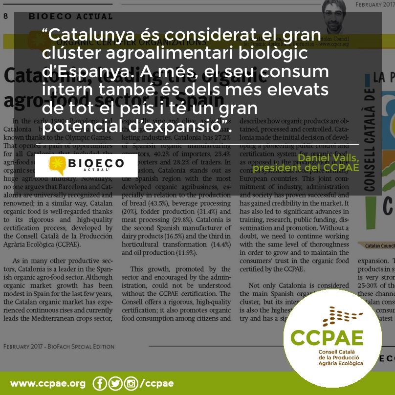 CCPAE's tweet photo. .@BIOECOACTUAL treu edició especial x #BioFach amb article de @DanielValls1: CAT gran clúster agroalimentari bio ESP https://t.co/lQUt2RcRC5 https://t.co/4s4gPf1rsY