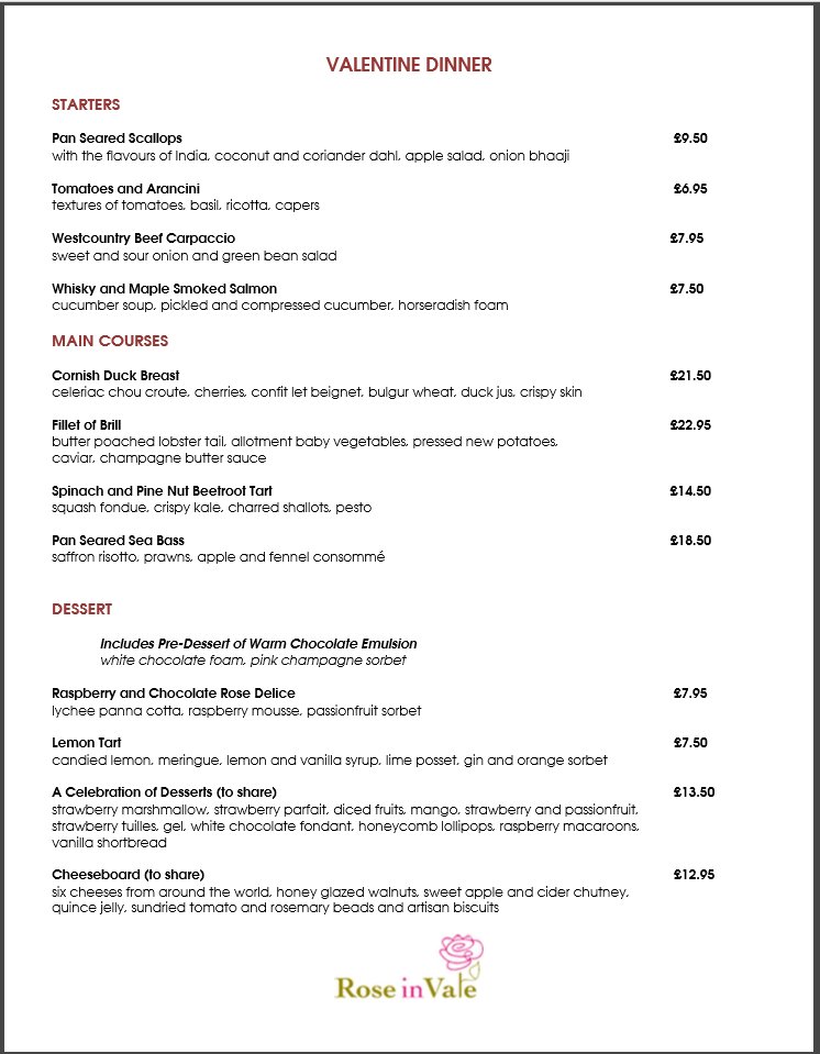 Still time to book a table to celebrate Valentine's Day with your loved one. Fabulous food and Valentine cocktails Call 01872 552202