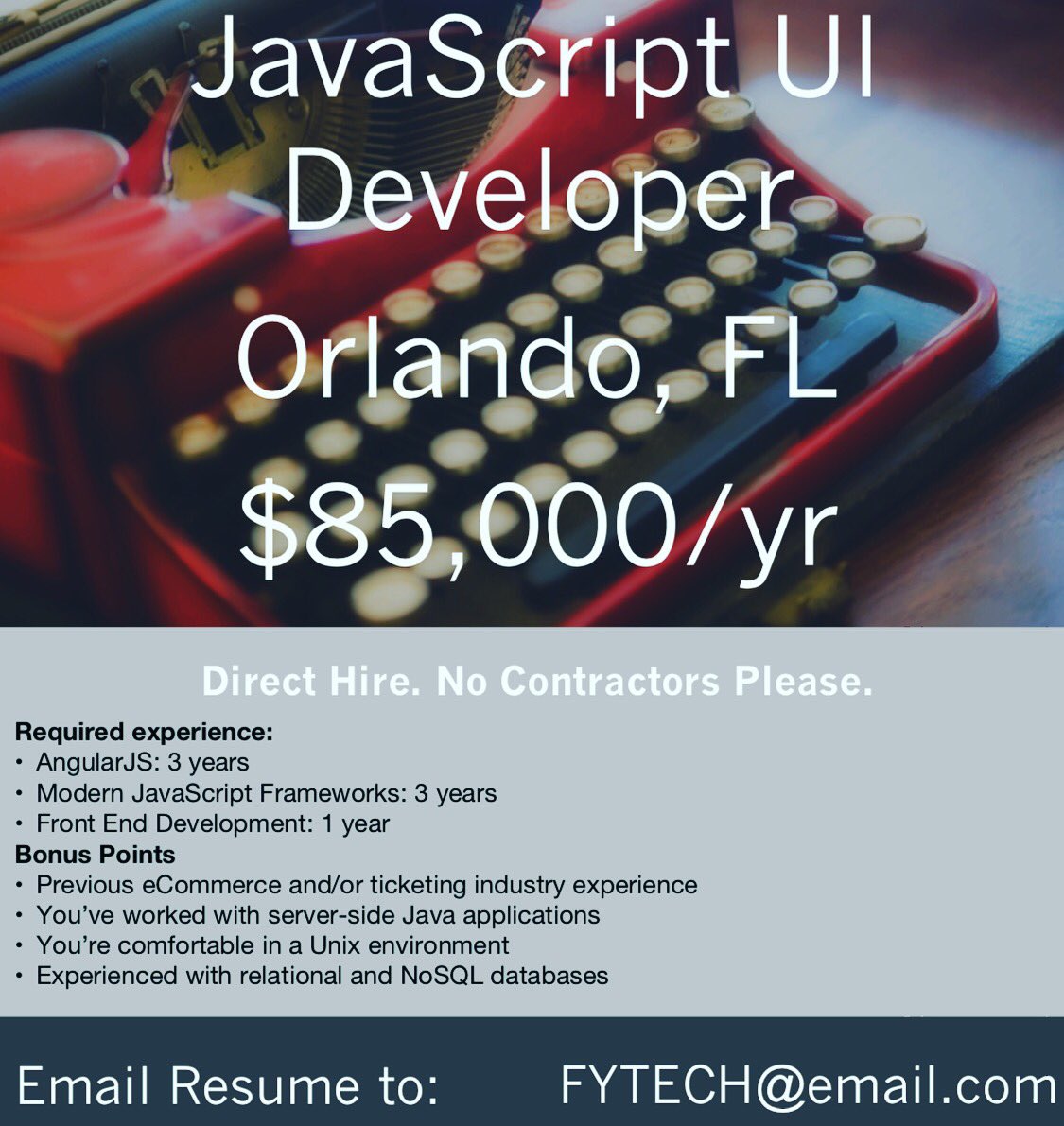 FytechJobs's tweet photo. JAVA UI DEV Orlando send resume to FYTECH@icloud.com. #jobs #orlandojobs #uideveloper #techjobs  #ITjobs #techjobs https://t.co/kS3wZworvd