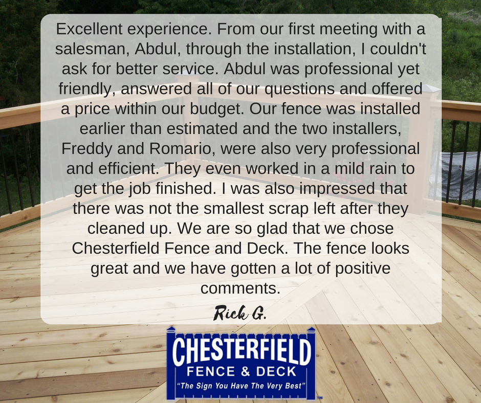 ChesterfieldFD's tweet photo. Every day, through every part of every job, we put our all into making our customers extremely happy! #fenceanddeck #homeimprovement https://t.co/WZoHxw6nv0