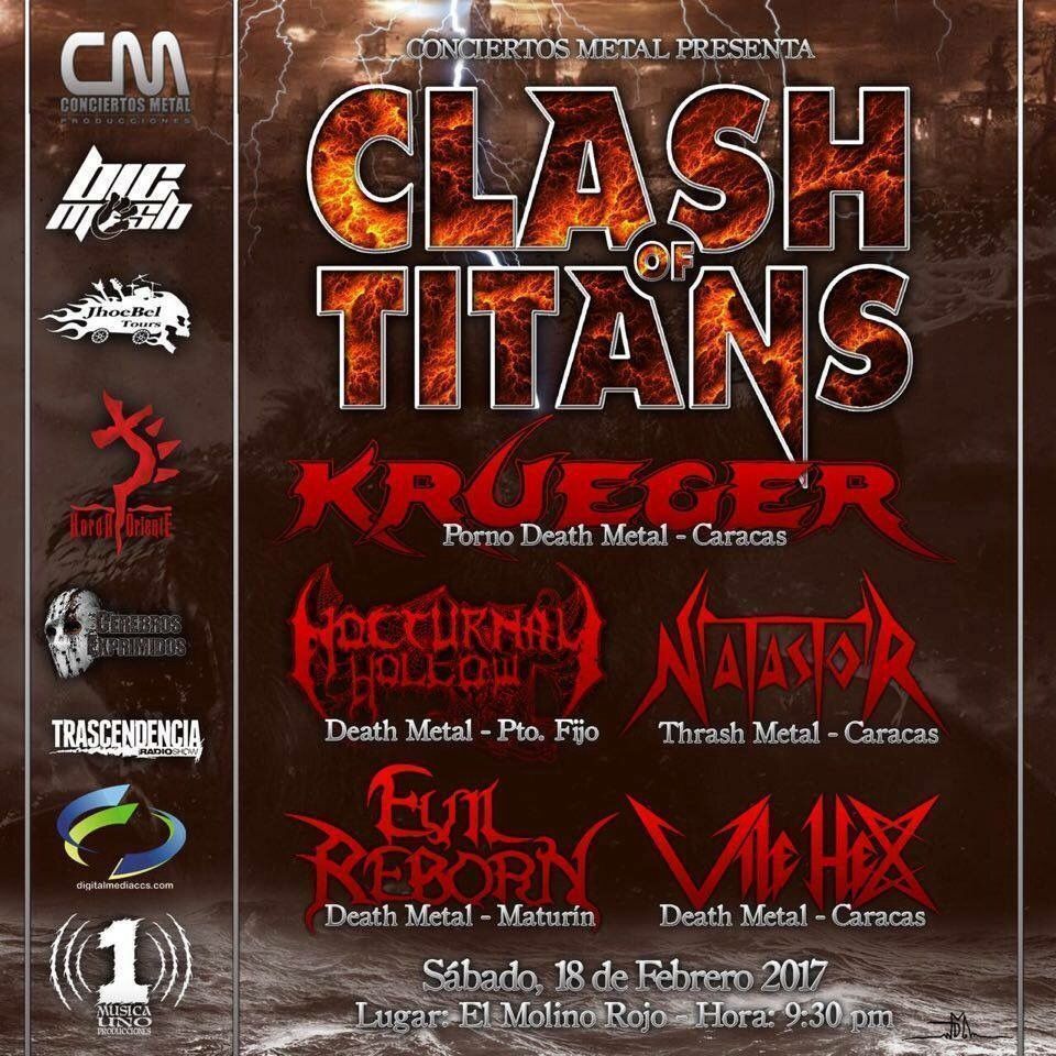ElMolinoCcs's tweet photo. Este sábado #18F, el metal nacional invade el Molino #ClashOfTitans: @Krueger_band, @NocturnalHollow, @Natastor, #EvilReborn, #VileHex. https://t.co/2PkDyjx2OL