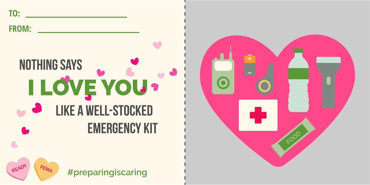 Readygov's tweet image. Emergency kit 🎒👓🔋🔌💵🔦=💖
#ValentinesDay #PreparingIsCaring