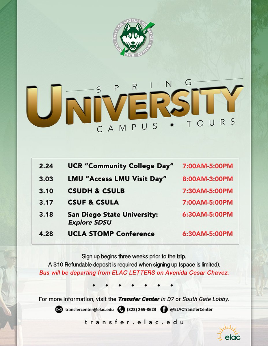 elac_transfer's tweet photo. This Spring Semester we have schedule several of university tours for all of you. For further information stop by our office located in D7. https://t.co/WrrVhWufbP