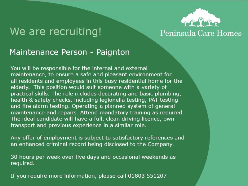 PeninsulaCare1's tweet photo. We are recruiting for #CareAssistants & #MaintenancePerson for our #Paignton #CareHome. We would like to hear from you! @Torbay_Hour https://t.co/Xen3G2TqKj