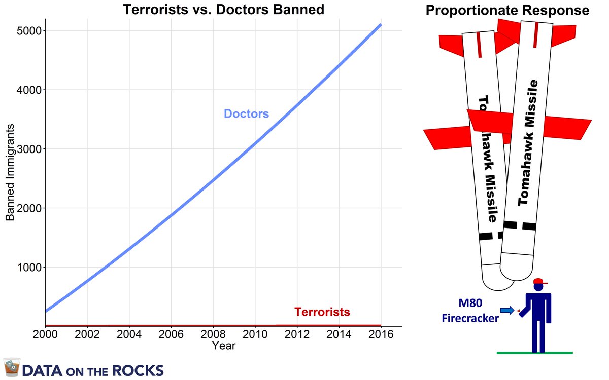 DataontheRocks's tweet photo. By blocking 5000+ doctors to stop 3 terrorists, Trump’s ban is like stopping 1 firework with 2 Tomahawk missiles. https://t.co/Ssjzw52o3s https://t.co/rxmJ9pKg8e