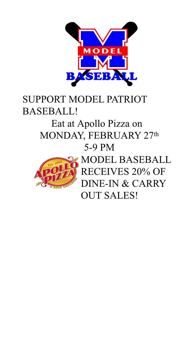 Eat at Apollo Pizza on Monday, 2/27 from 5-9 PM to support Model baseball! <a href="/EKUModel/">Model Laboratory Schools</a> <a href="/ModelLabDedic/">Laura Dedic</a> <a href="/modelathletics/">Model Athletics</a>