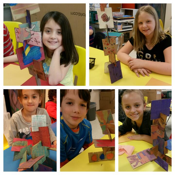 2nd Grade simple cardboard sculptures. Turning 2-D material into 3-D art. Paint each piece and make them stand! #cardboardrocks  @EWBentley