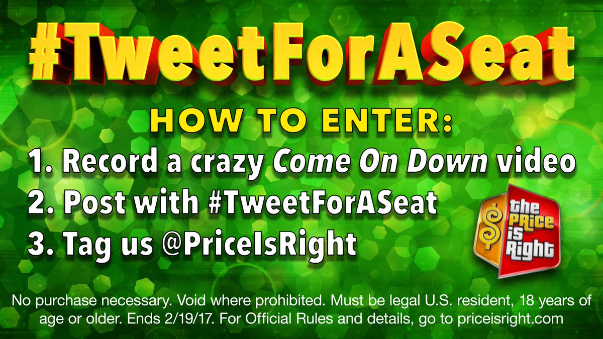 PriceIsRight's tweet photo. We’re flying TWO fans to LA to attend a taping of the show. Enter to win now! Click for Official Rules &amp; details https://t.co/LdMkXUXgdR https://t.co/0QtjpBAxjy