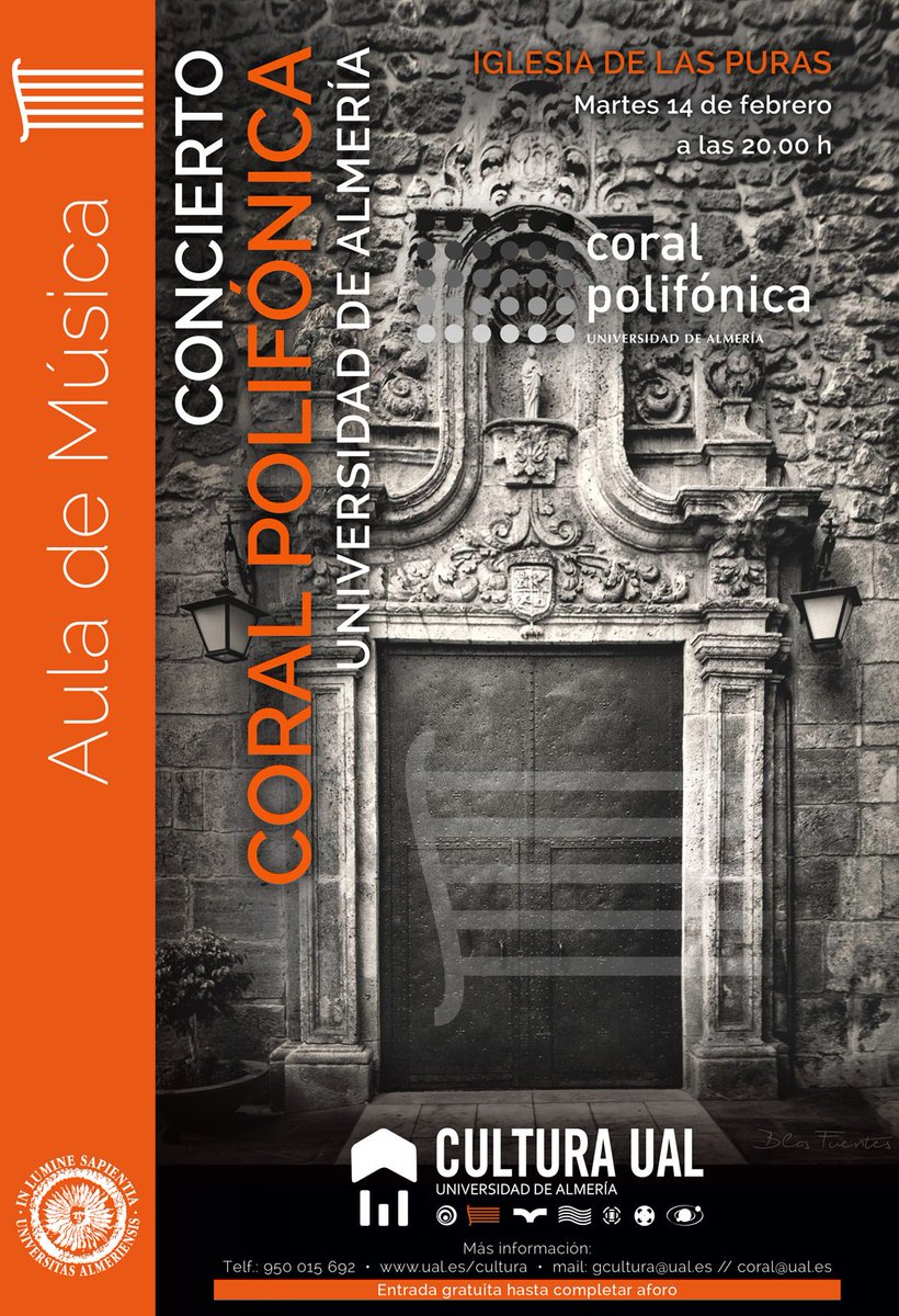 Martes 14 de febrero, Día de San Valentín.
A las 20 h. en la iglesia del monasterio, concierto de la Coral Polifónica de la <a href="/ualmeria/">Universidad de Almería</a>