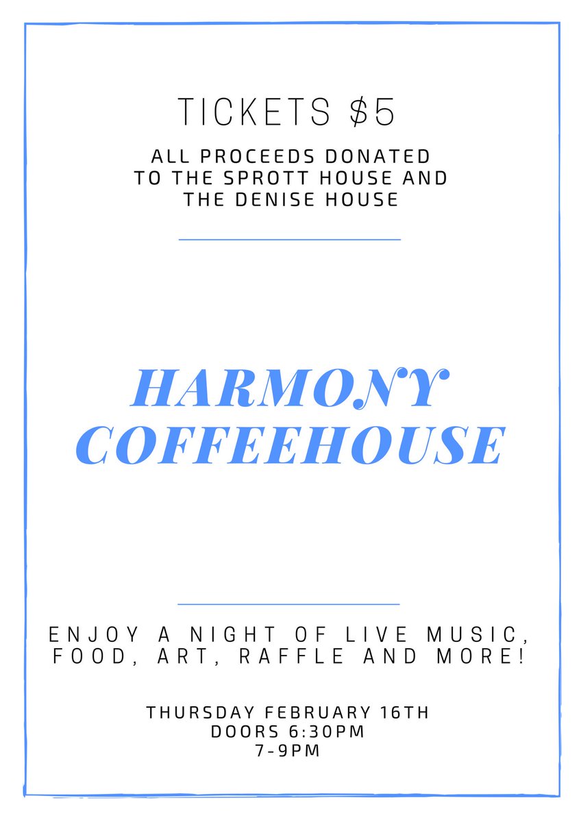 Harmony_as's tweet photo. Coffeehouse tickets go on sale TOMORROW!! Tickets are $5! Come and support the Sprott House and the Denise House ☀️ https://t.co/X8DFaUl69m