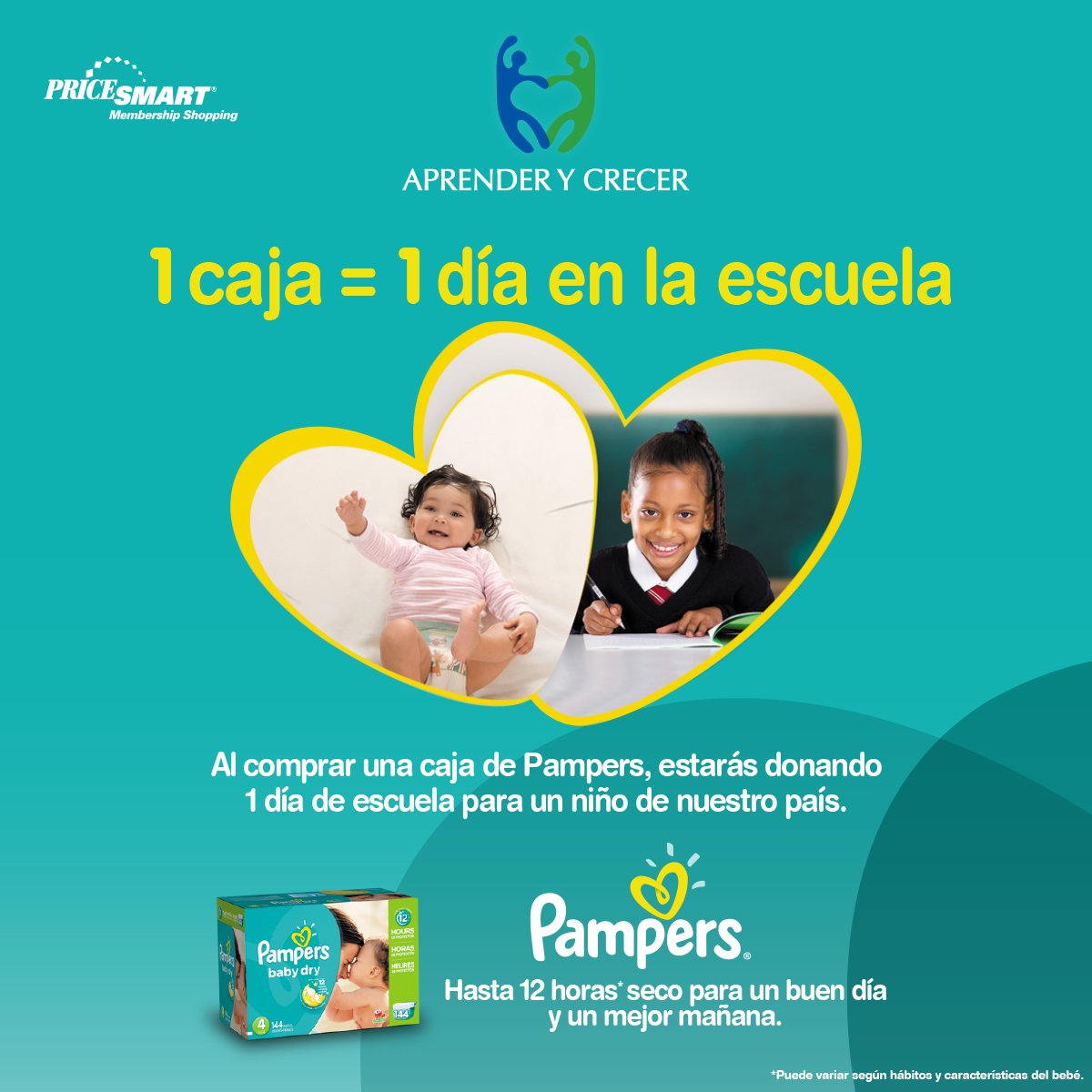 ¡Sea parte de nuestro programa! 
Por la compra de 1 caja de pañales Pampers estará donando 1 día de escuela a un niño de nuestro país.