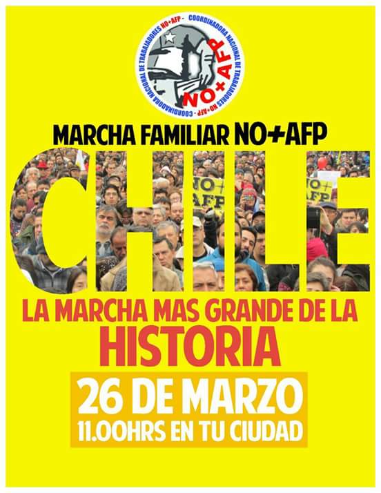 ND_Chile's tweet photo. 26 MARZO/EN TODO CHILE | Tod@s marchamos en la marcha más grande de la Historia en Chile contra las AFP y por un Sist solidario #NOMásAFP https://t.co/4CrJ5PzVkj
