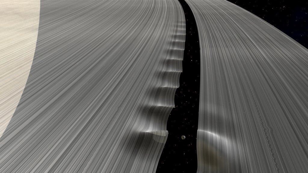 anajuliabanlei's tweet photo. La división Keeler es un hueco de 42 km de anchura en el anillo A de Saturno. Dafne, un pequeño satélite pastor, orbita dentro de él. https://t.co/nIX4580FKI
