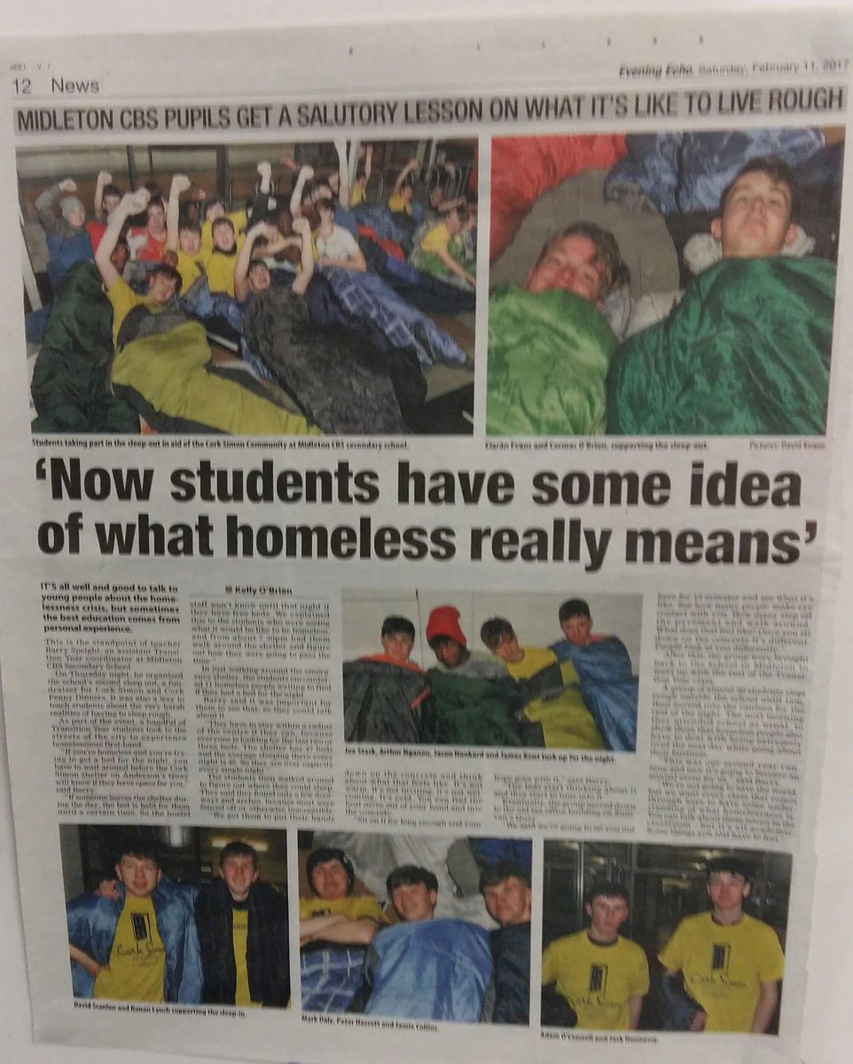 Teachertweet1's tweet photo. Fantastic article about our sleepout in the echo. @Cork_Simon #midletoncbs https://t.co/kwNfJv2LCm