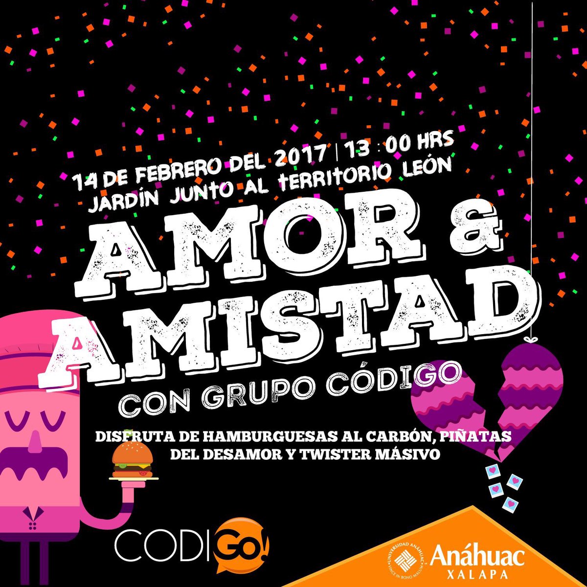 AnahuacXalapa's tweet image. ¡Celebra el Amor y la Amistad con #GrupoCodigo! 
Disfruta de hamburguesas 🍔, piñatas del desamor 💔, twister masivo y muchas sorpresas más.