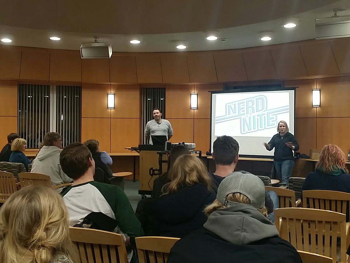mareesamarie's tweet photo. Scholars talking abt mundane topics tht guarantee a laugh @UMDLibrary tonight. Next NerdNite @TeatroZuccone March 22nd #nerdniteduluth https://t.co/WVIWcRh8c8