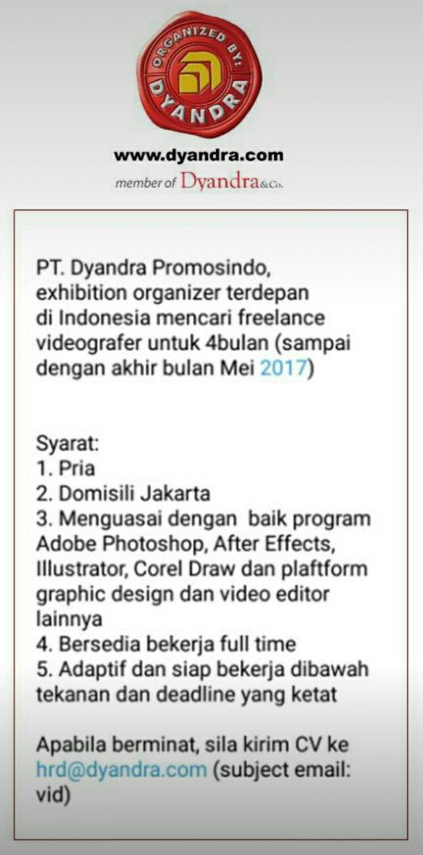 Dcari #freelance #videografer u/4bln.bs platform design graphic&amp;video editor.sila krm CV ke hrd@dyandra.com (sub:vid) cc: <a href="/CDCUIcareer/">CDC UI</a>