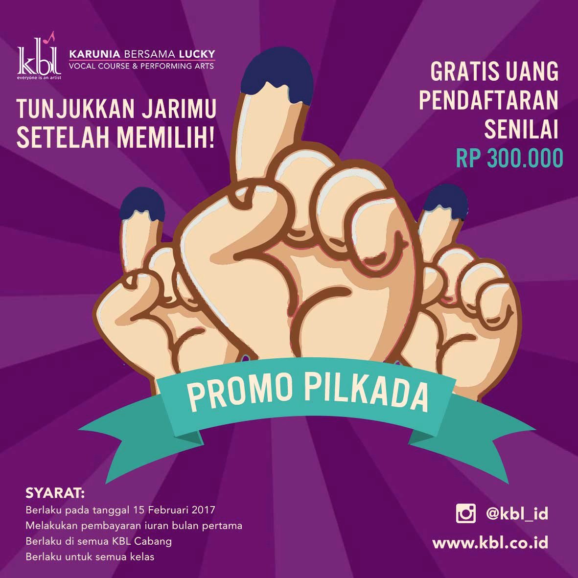 kblintercon's tweet image. Show us your finger inked, and get the promotion! #KBLinfo #PilkadaPromo #VocalCourse #Jakarta