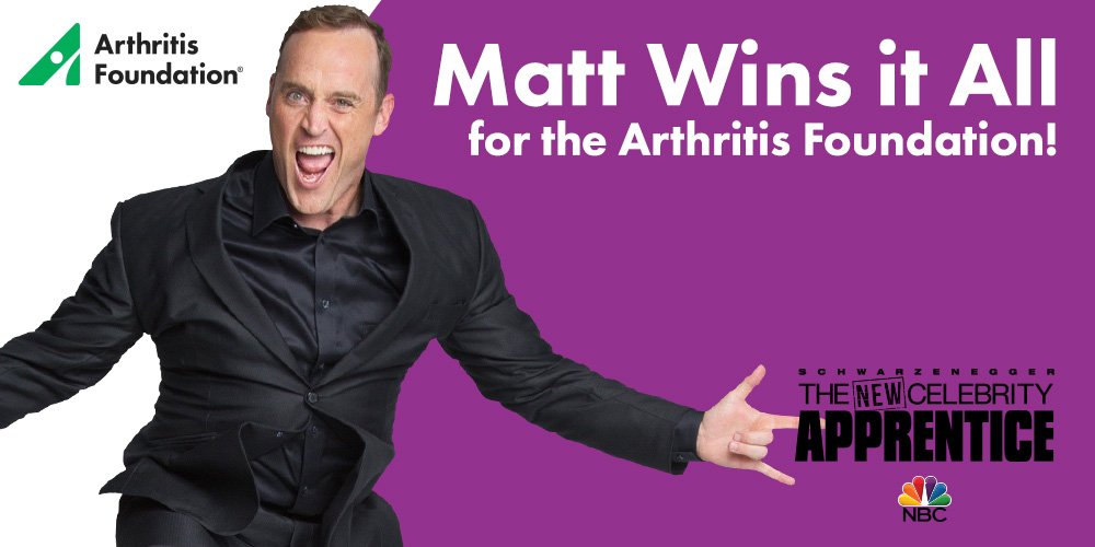 ArthritisFdn's tweet photo. WOOOHOOOO!!!! @MattIseman is the new Celebrity Apprentice!!! He won it all for the Arthritis Foundation!!!! #CelebApprentice https://t.co/OWsMNvJPoS