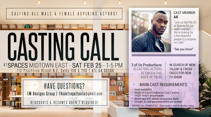 uslmagazine's tweet photo. 3 of Us Productions has OPEN CASTING for feature #TV roles in the #Atlanta Area! #entertainment #TVCasting #AtlantaTVCasting https://t.co/hbfGuNVKpR