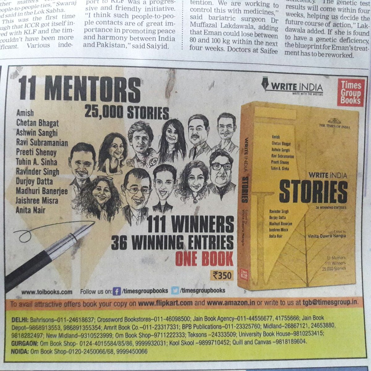 JaishreeMisra's tweet photo. Our fab collection of prize-winning stories is available in bookshops now, see ad in today's paper #TOIWriteIndia #TOI_Books @VinitaNangia https://t.co/iROk8W1g0W