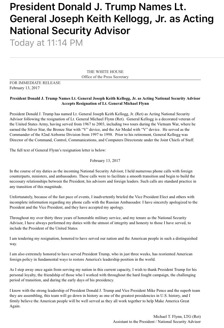 finnygo's tweet photo. NEW: Flynn Resignation letter, Kellog named Acting Natl Security Advisor https://t.co/PkMBr3LM4Z