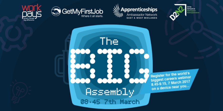 Join <a href="/GetMyFirstJob/">GetMyFirstJob</a> <a href="/workpays/">Workpays</a> <a href="/Apprenticeships/">Apprenticeships and Skills</a> @D2N2LEP for The Big Assembly! Register Now Here: bit.ly/2lL6LFm ! 💥