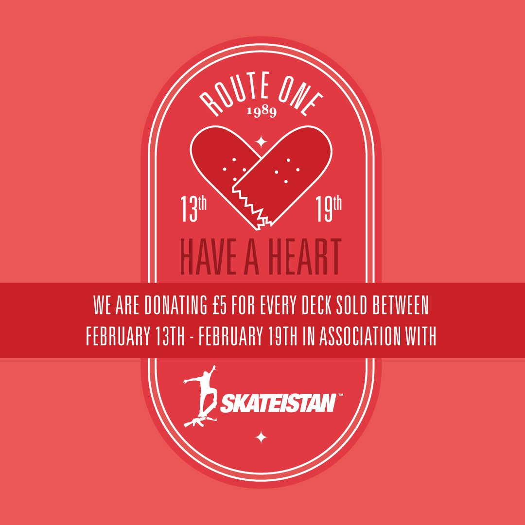 RouteOne1989's tweet photo. We've teamed up with @skateistan for our Have a Heart Campaign where we donate £5 from every deck sale this week :) #valentines https://t.co/bQs60cqKfj
