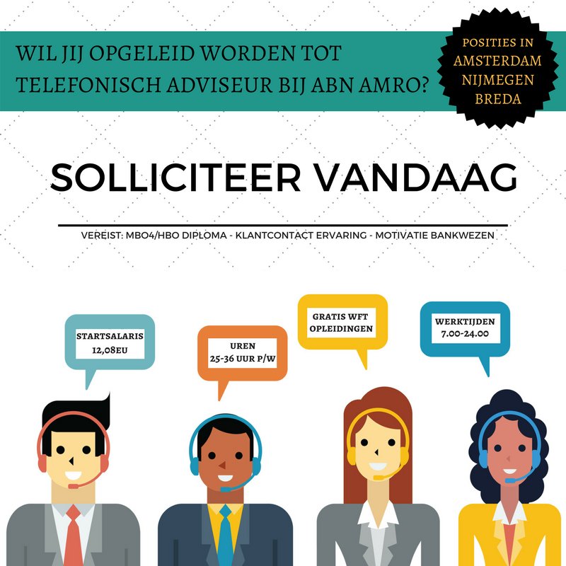RandstadBI's tweet photo. Goede motivatie voor het bankwezen? Klantcontact ervaring en een MBO4/HBO diploma = een carrière bij ABN AMRO! #amsterdam #nijmegen #Breda https://t.co/K5dbXc7PEZ