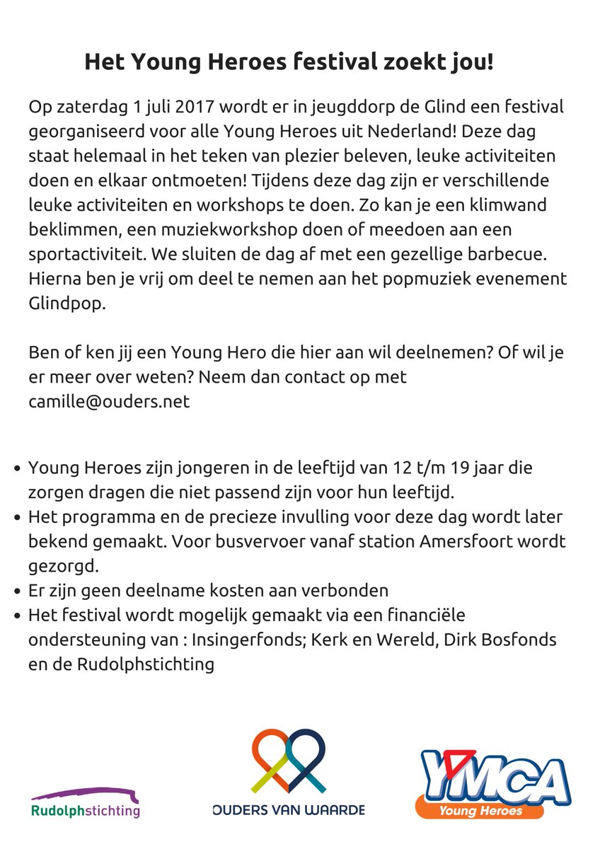 YOUNG HEROES FESTIVAL - 1 juli - gratis festival voor jonge mantelzorgers! <a href="/YMCANL/">YMCA</a> <a href="/schoolenthuis/">OUDERS VAN WAARDE</a> <a href="/RudolphST/">Rudolphstichting</a> @JMZPRO