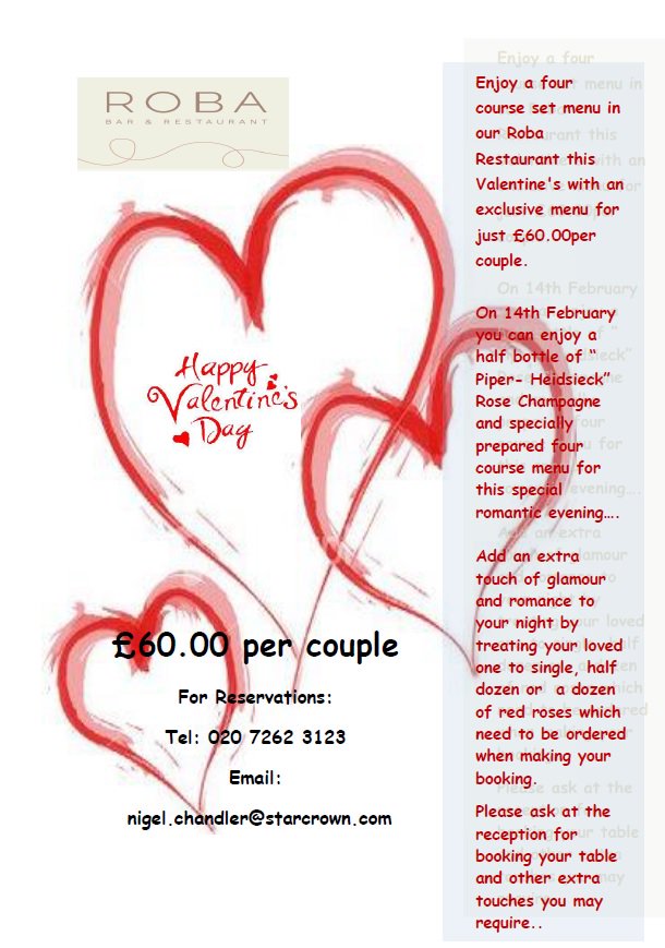 Roba Restaurant (@robarestaurant) on Twitter photo Celebrate Valentine's Day @ ROBA
4 course meal, 1/2 bottle of champagne & a gift for £60/couple
#robarestaurant #valentinesday #London Celebrate Valentine's Day @ ROBA
4 course meal, 1/2 bottle of champagne & a gift for £60/couple
#robarestaurant #valentinesday #London