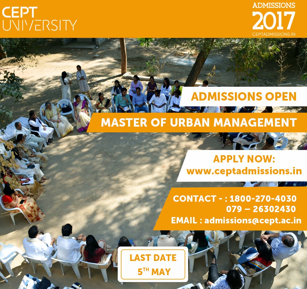 CEPTUniversity1's tweet image. @CEPTUniversity1 #Admissions2017 are OPEN for #MasterOfUrbanManagement 

#LastDateToApply is 5th MAY.

#ApplyNow: ceptadmissions.in