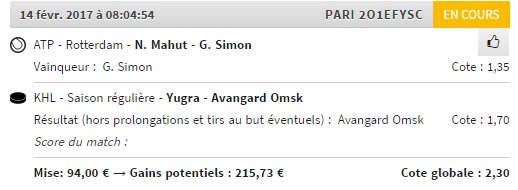MimiPronos's tweet photo. Aujourd'hui petit combi ! 
#KHL + ATP 
🏒🇷🇺omsk (1.70) + 🎾G.Simon (1.35) = 2.30 
Confiance : 85%
#ParionsSport #TeamParieur https://t.co/eicsRWjnco