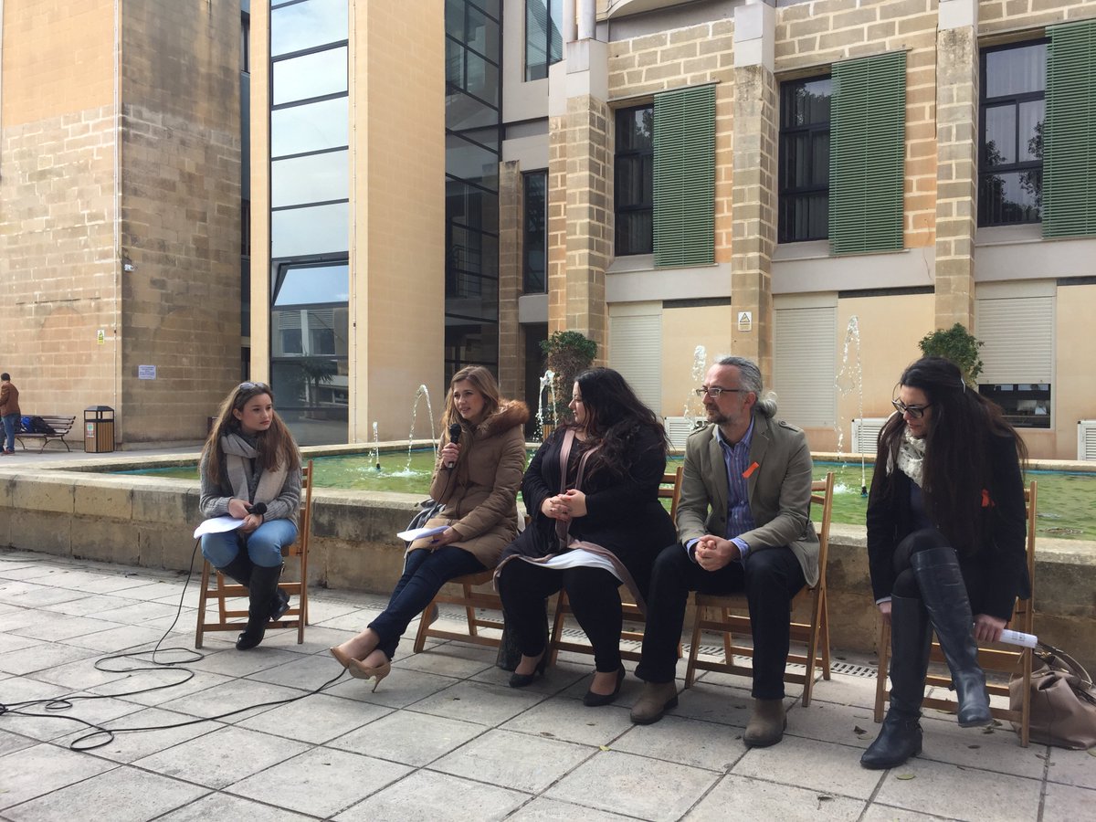 VictimSupportMT's tweet photo. 1 Billion Rising debate on campus: 'Domestic violence is a problem of massive proportions. More needs to be done' Dr R. Lepre, VSM Director https://t.co/pISkuEBRHR
