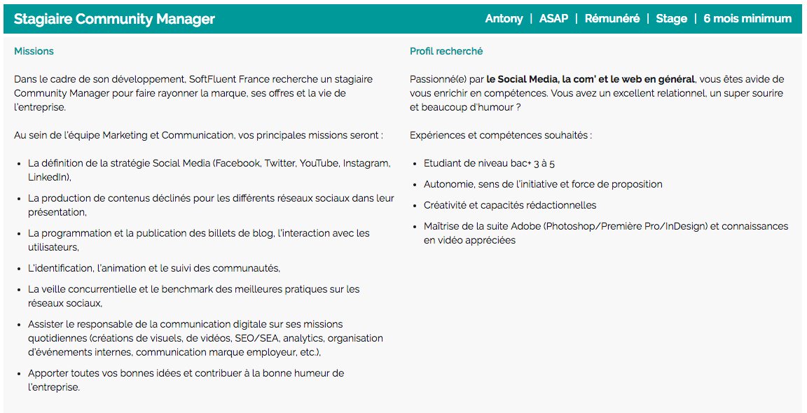 Offre de stage "Community Manager"
Pour en savoir plus : softfluent.fr/recrutement#st…